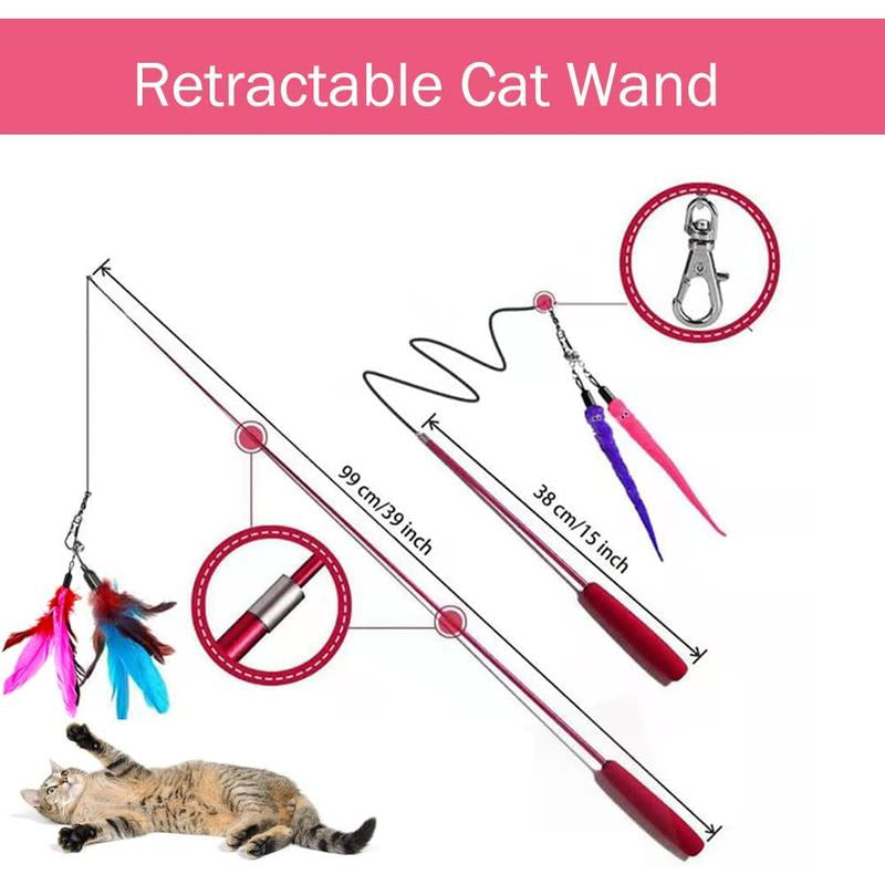 Cat Toy Wand, Retractable Cat Feather Toys and Replacement Refills with Bells, Interactive Cat Toys for Cat Kitten Exercise Rainkumo