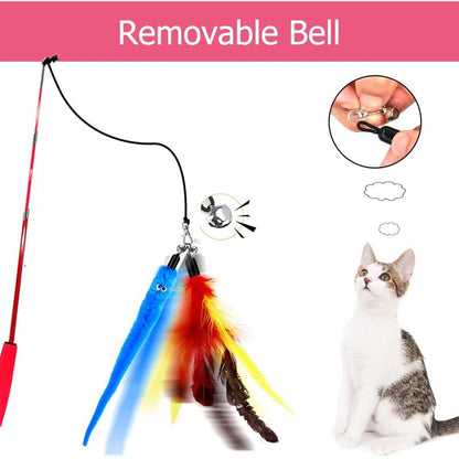 Cat Toy Wand, Retractable Cat Feather Toys and Replacement Refills with Bells, Interactive Cat Toys for Cat Kitten Exercise Rainkumo