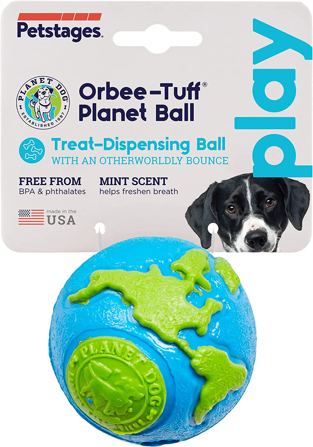 Outward Hound by  Orbee-Tuff Planet Ball Blue/Green Treat-Dispensing Dog Toy, Medium