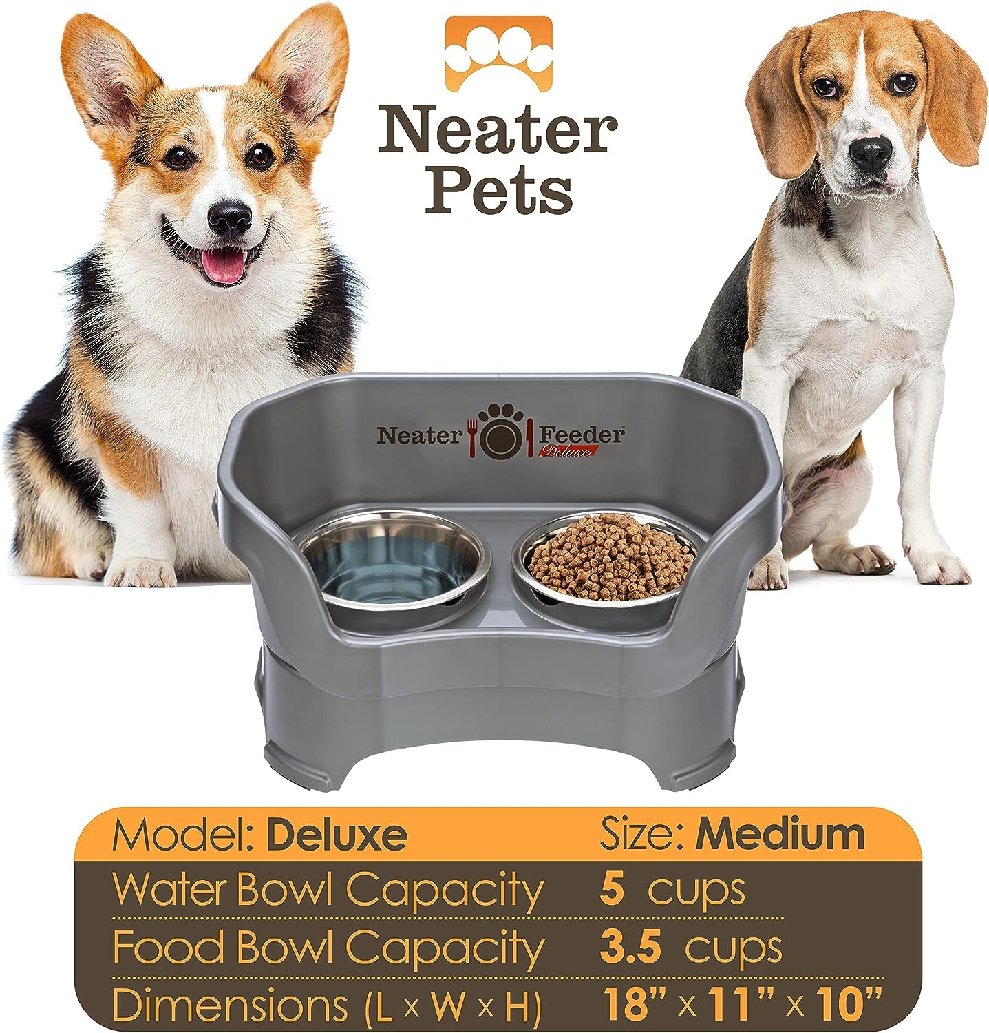 Neater Feeder Deluxe Mess Proof Dog Bowls Elevated Medium Sized Dog Breed – Made in USA – No Spill Raised Dog Food Bowl Stand – Stainless Steel Food and Water Bowl Set, Pet Feeding Station, Grey