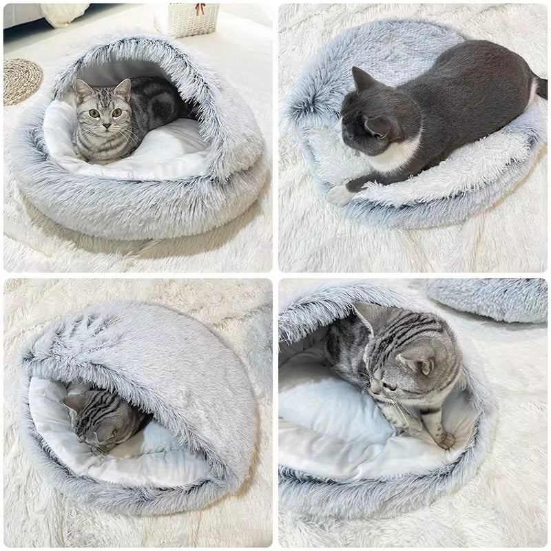 Winter Long Plush Pet Cat Bed round Cat Cushion Cat House 2 in 1 Warm Cat Basket Cat Sleep Bag Cat Nest Kennel for Small Dog Cat