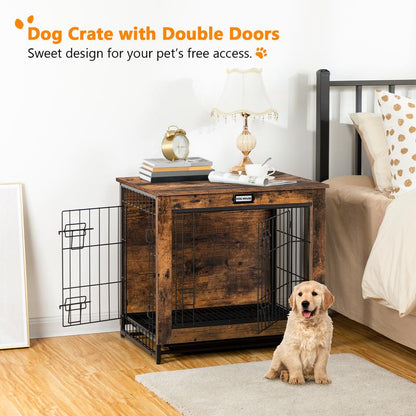 Wooden Dog Crate with Pull-Out Tray, Dog Crate Furniture, 25.5" Small Dog Kennel Indoor, Double Doors Dog House, Modern Side End Table for Small/Medium Dog, Rustic Brown