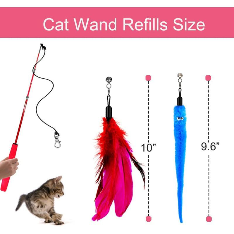 Cat Toy Wand, Retractable Cat Feather Toys and Replacement Refills with Bells, Interactive Cat Toys for Cat Kitten Exercise Rainkumo