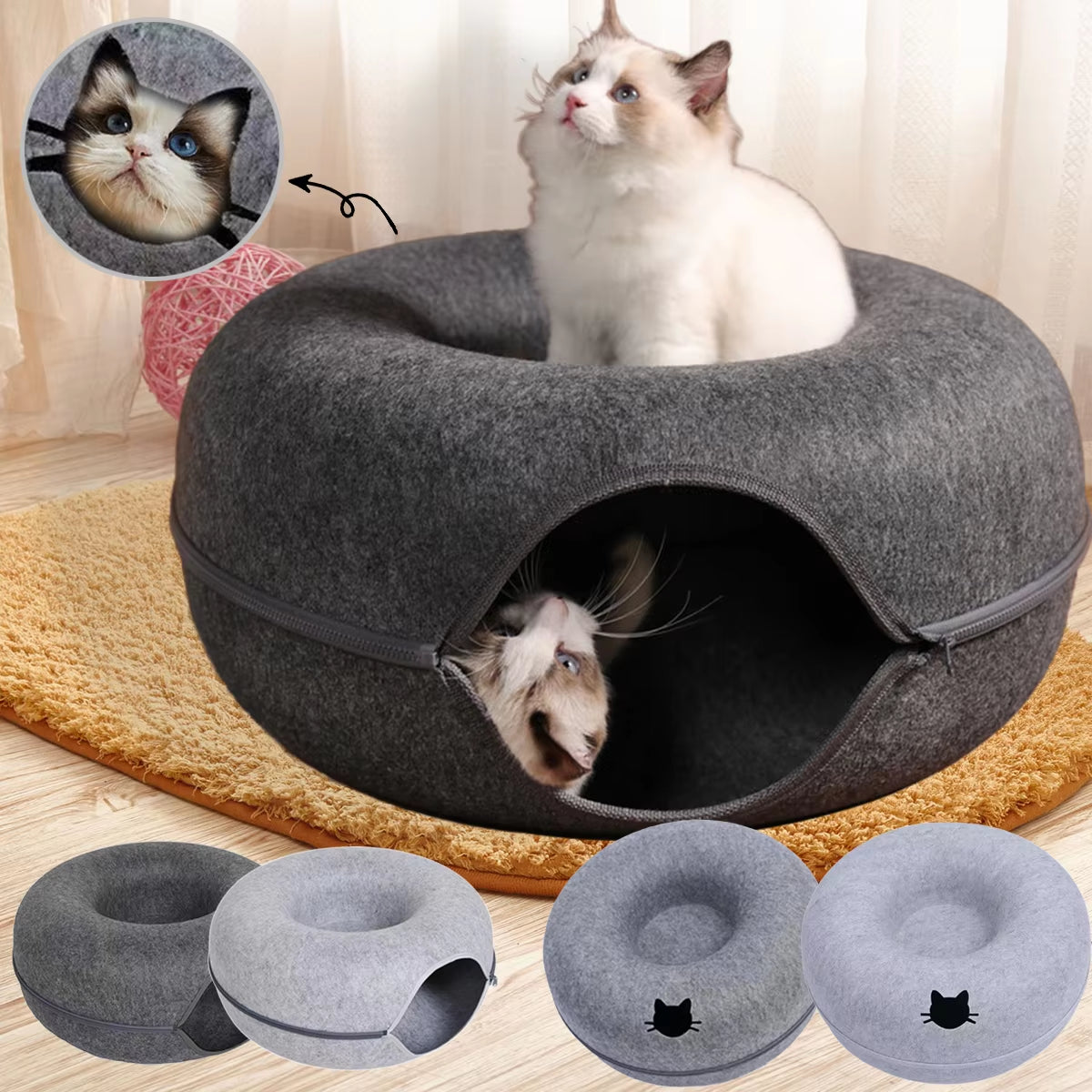 Felt Donut Bed for Cats House with Breather Hole Dog Bed Interactive Play Toys for Cats to Hide 2 in 1 Tunnel for Cats Bed