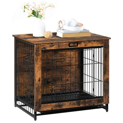 Wooden Dog Crate with Pull-Out Tray, Dog Crate Furniture, 25.5" Small Dog Kennel Indoor, Double Doors Dog House, Modern Side End Table for Small/Medium Dog, Rustic Brown