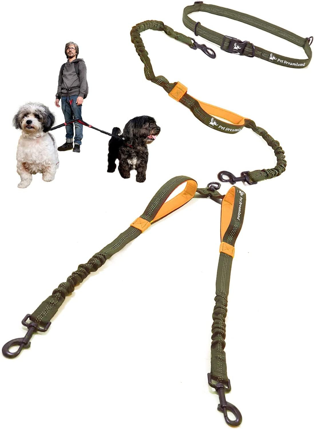 Hands Free Double Dog Leash for Medium Dogs - Dual Dog Leash - Two Dog Leash No Tangle - Dog Leash for 2 Dogs - Double Leash - Leash Splitter - Double Clip Leash Coupler (Medium, Khaki & Orange)