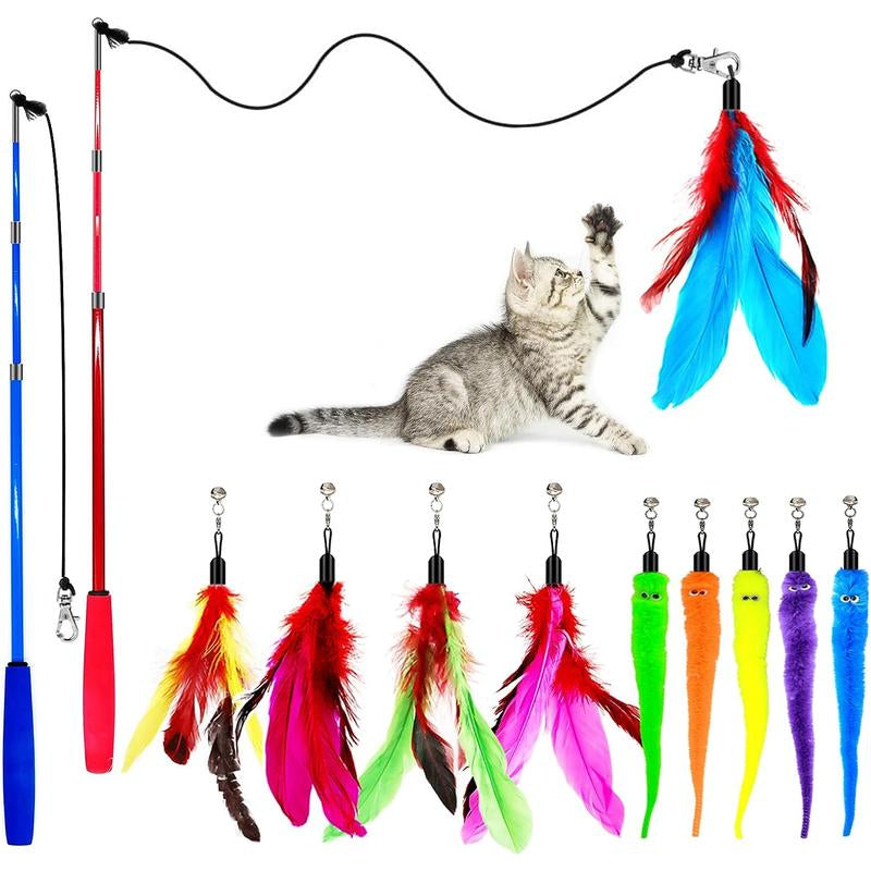 Cat Toy Wand, Retractable Cat Feather Toys and Replacement Refills with Bells, Interactive Cat Toys for Cat Kitten Exercise Rainkumo