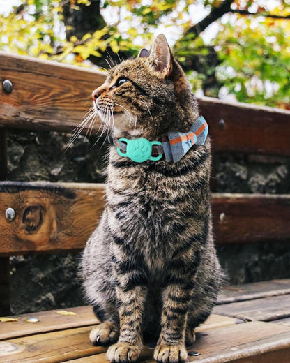 Upgraded Cat Collar with Bells, Breakaway Cat Collars with Bow Tie, 1 Pack Girl Boy Safety Plaid Kitten Collars, Haze Blue