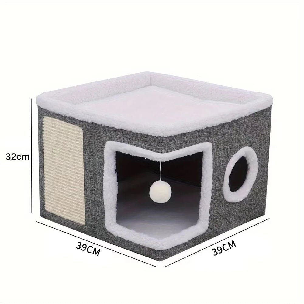 4-Season Multi-Level Cat House - Indoor Foldable Design, Scratching Board & Non-Slip Base 30LB Capacity, Warm Cat Bed Cat Cave