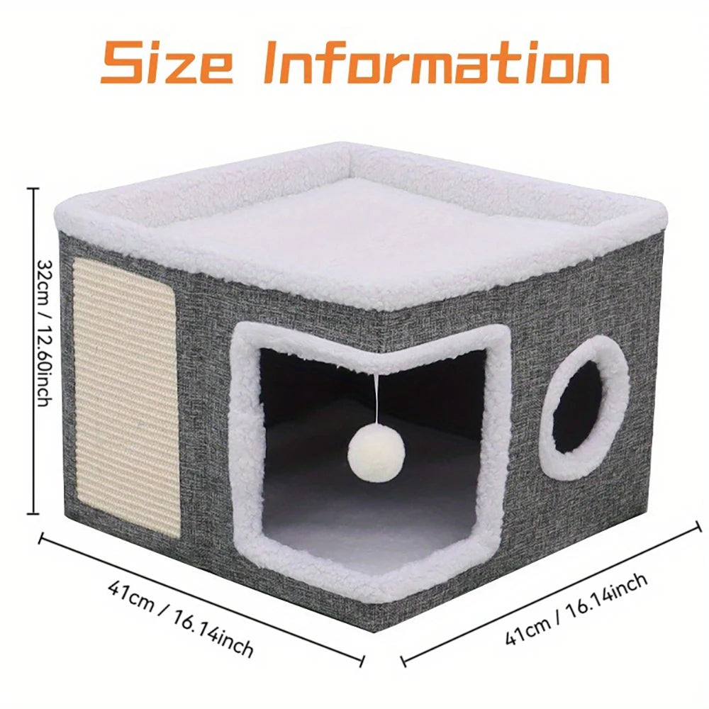 4-Season Multi-Level Cat House - Indoor Foldable Design, Scratching Board & Non-Slip Base 30LB Capacity, Warm Cat Bed Cat Cave