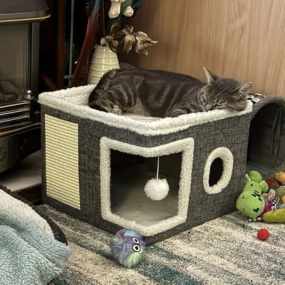 4-Season Multi-Level Cat House - Indoor Foldable Design, Scratching Board & Non-Slip Base 30LB Capacity, Warm Cat Bed Cat Cave