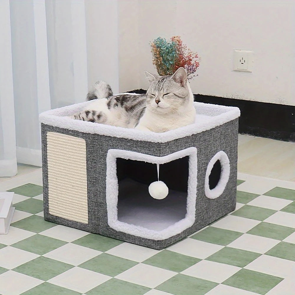 4-Season Multi-Level Cat House - Indoor Foldable Design, Scratching Board & Non-Slip Base 30LB Capacity, Warm Cat Bed Cat Cave