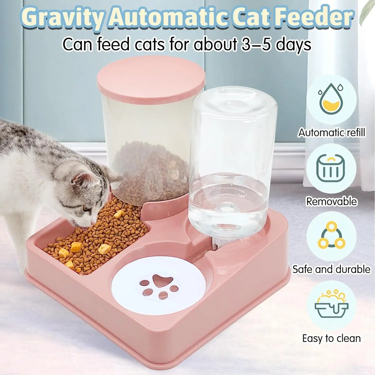 Automatic Cat Feeder Water Dispenser Set, 2 in 1 Tilted Automatic Pet Food and Water Feeder Gravity Food Feeder and Waterer