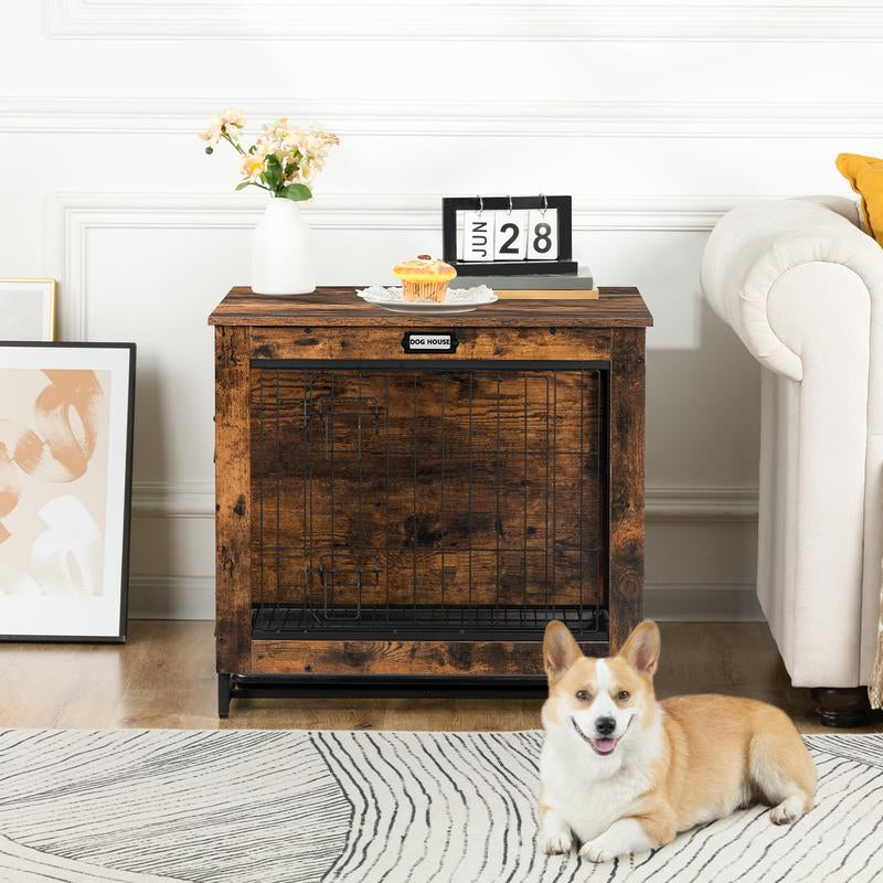 Wooden Dog Crate with Pull-Out Tray, Dog Crate Furniture, 25.5" Small Dog Kennel Indoor, Double Doors Dog House, Modern Side End Table for Small/Medium Dog, Rustic Brown