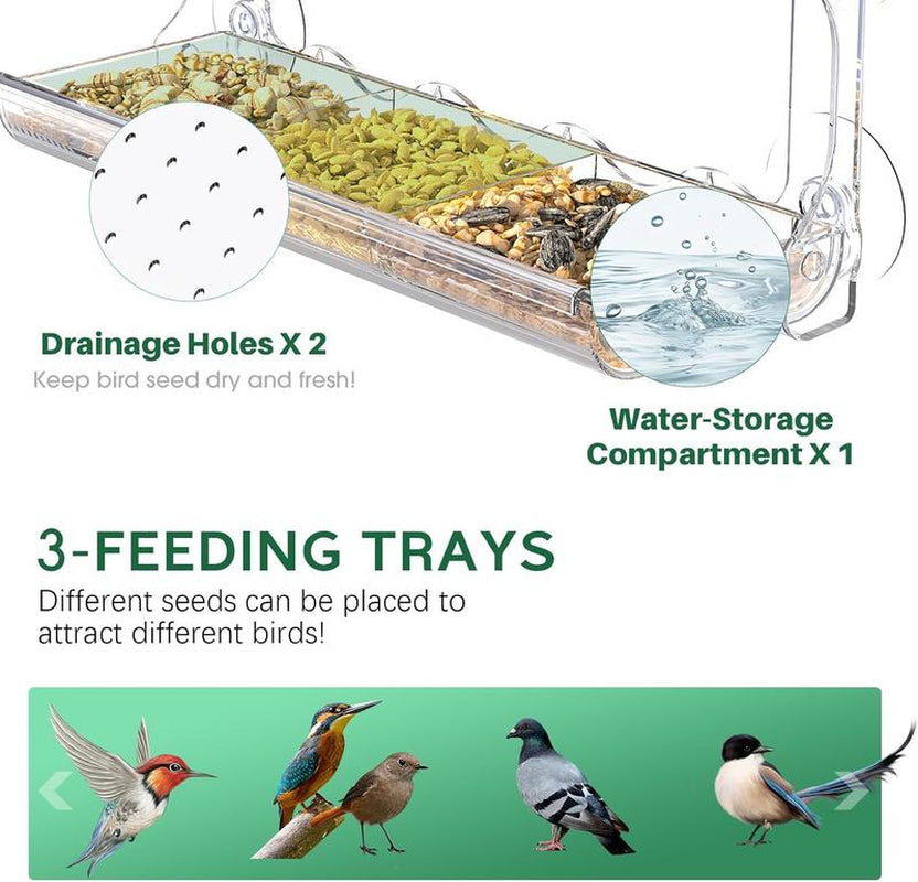 Window Bird Feeder for Outdoors - Clear Bird Feeders with Self-Adhesive Hooks, Mounted Window for Wild Bird Watching, Garden & Yard Use