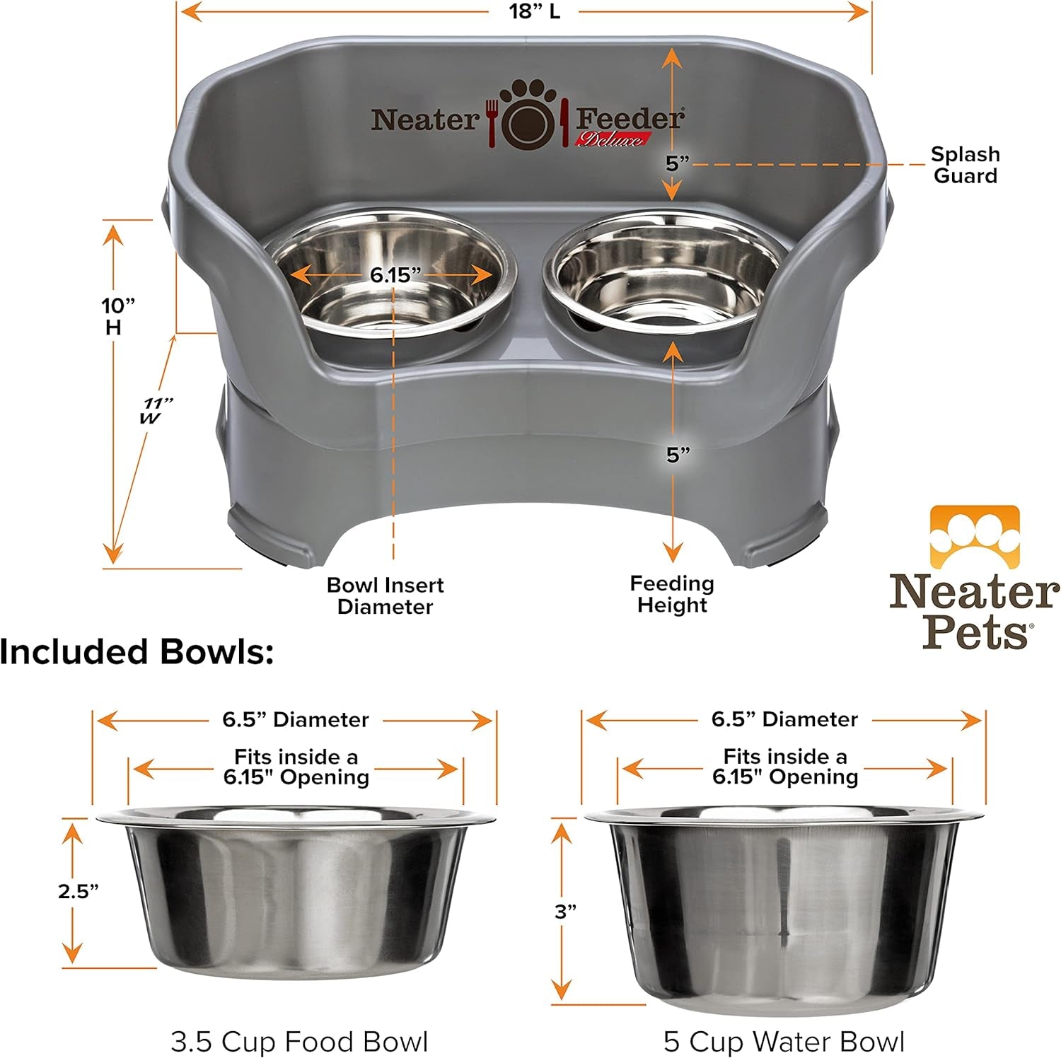 Neater Feeder Deluxe Mess Proof Dog Bowls Elevated Medium Sized Dog Breed – Made in USA – No Spill Raised Dog Food Bowl Stand – Stainless Steel Food and Water Bowl Set, Pet Feeding Station, Grey