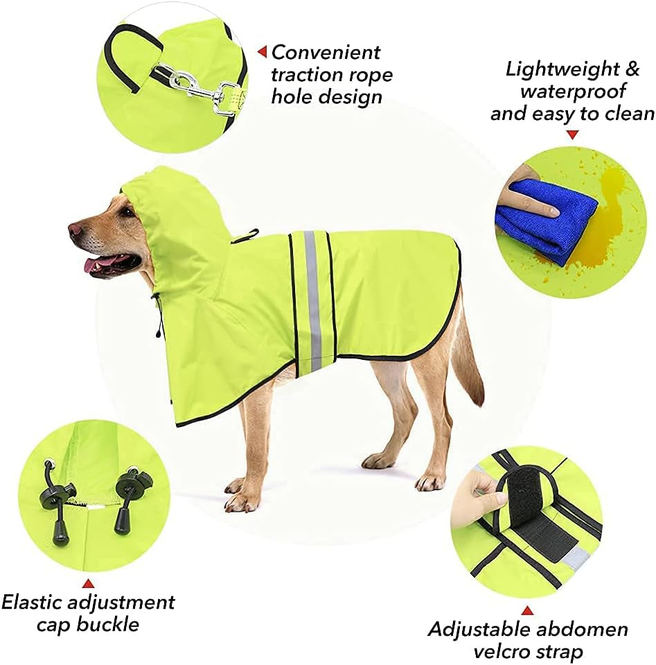 Waterproof Dog Rain Coat - Adjustable Hooded Dog Rain Jacket Raincoat, Reflective Lightweight Dog Slicker Poncho Raincoats (Neon Green, Medium)