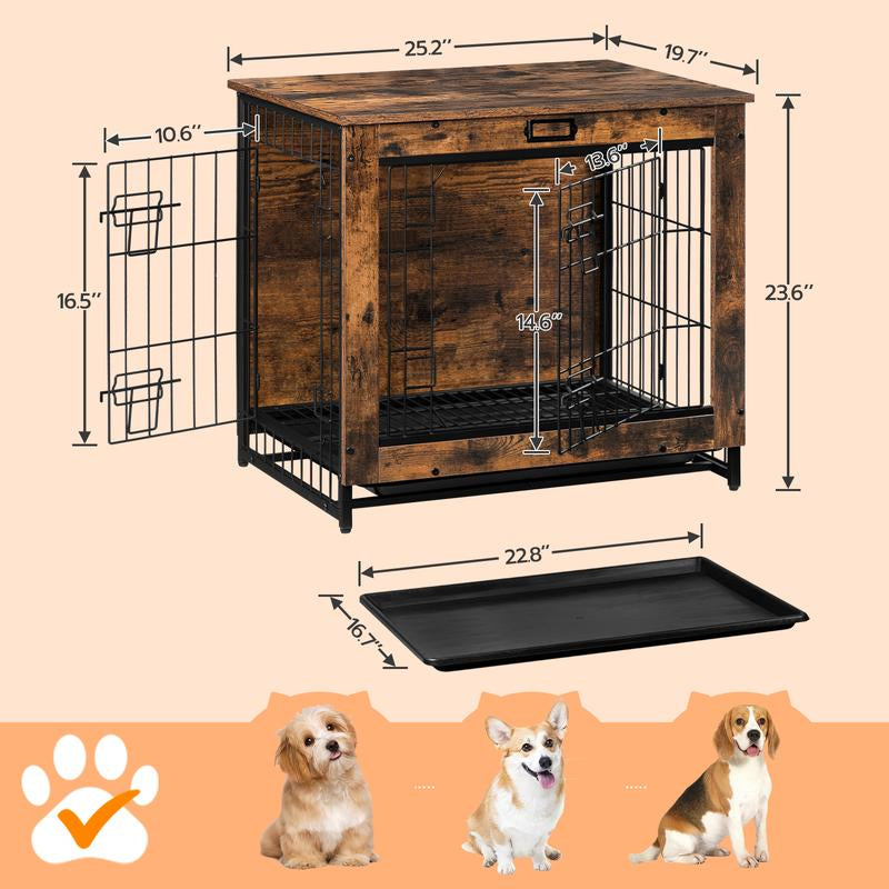 Wooden Dog Crate with Pull-Out Tray, Dog Crate Furniture, 25.5" Small Dog Kennel Indoor, Double Doors Dog House, Modern Side End Table for Small/Medium Dog, Rustic Brown