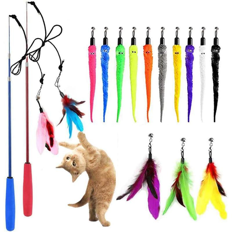 Cat Toy Wand, Retractable Cat Feather Toys and Replacement Refills with Bells, Interactive Cat Toys for Cat Kitten Exercise Rainkumo