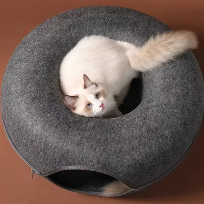 Felt Donut Bed for Cats House with Breather Hole Dog Bed Interactive Play Toys for Cats to Hide 2 in 1 Tunnel for Cats Bed